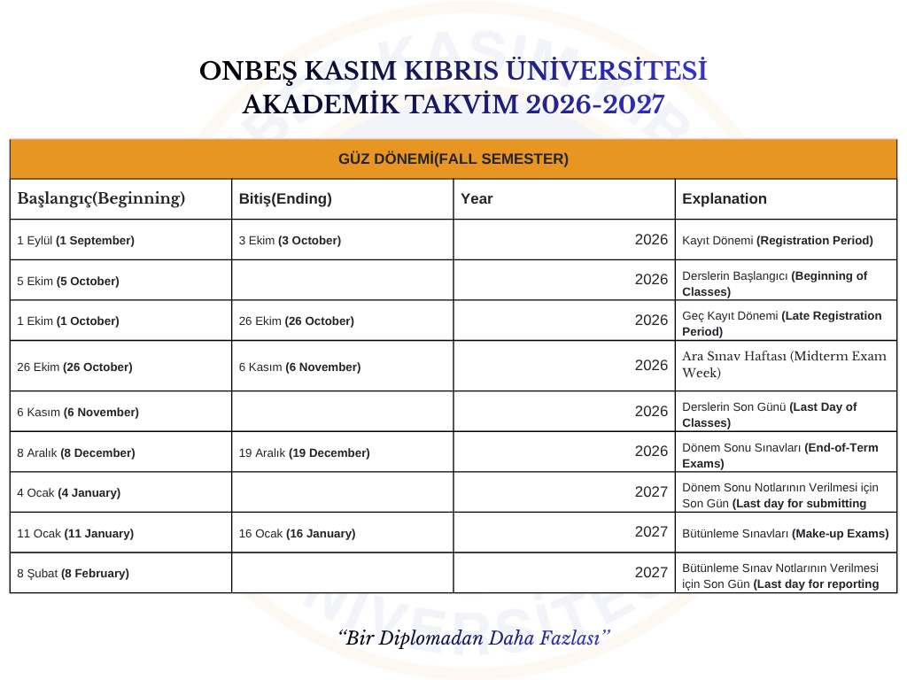 Güz Dönemi Akademik Takvim